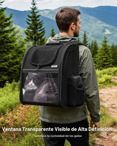 Vista 3 de pecute Mochila para gatos expandible, mochila para gatos con ventana Tela Oxford duradera, cremallera con cerradura, uso para mascotas de menos