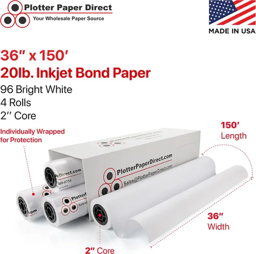 Vista 2 de Plotter Paper Direct (20 libras, sin recubrimiento, 4 rollos, núcleo de 2 pulgadas, 36 pulgadas x 150 pies) para impresión CAD en impresoras