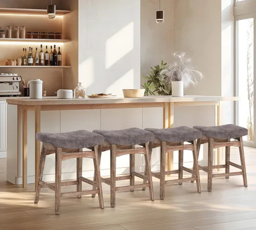 Vista 21 de Taburete de bar de madera maciza para encimera de cocina, taburete de bar con asiento de silla de montar de tela, taburete tapizado para isla de 34