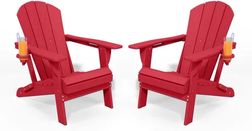 Vista 9 de Sillas plegables Adirondack con portavasos, juego de 4 sillas de plástico HDPE para exteriores, resistentes a la intemperie, aspecto de madera real