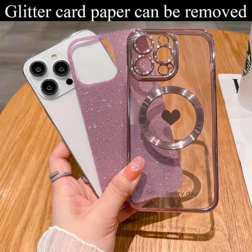 Vista 2 de Funda para iPhone 14 Pro Max con purpurina magnética compatible con MagSafe, funda transparente con corazón de amor, protección de cámara, chapado