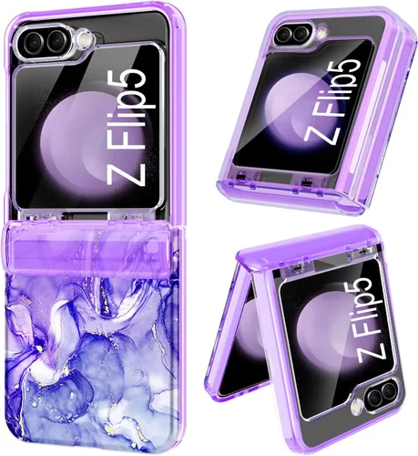 Vista 16 de Btscase Funda para Samsung Galaxy Z Flip 5, protector de pantalla frontal integrado, patrón de mármol dorado con purpurina de policarbonato duro