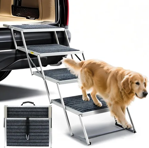 Escaleras para perros para coches, escaleras extra anchas para perros grandes, escalones para mascotas de aluminio plegables para coches y SUV,