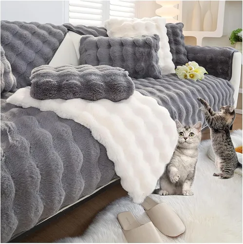 Vista 12 de Funda para sofá esquinero de 3/2/1/4 plazas, funda antideslizante para sofá, funda de felpa de conejo de lujo, protector de muebles de piel Negro