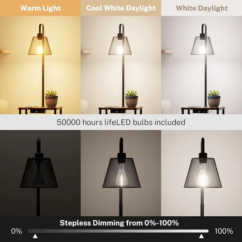 Vista 5 de Lámpara de pie con mesa, mesa auxiliar con puerto de carga USB y tomacorriente, moderna mesita de noche con luz de pie para sala de estar