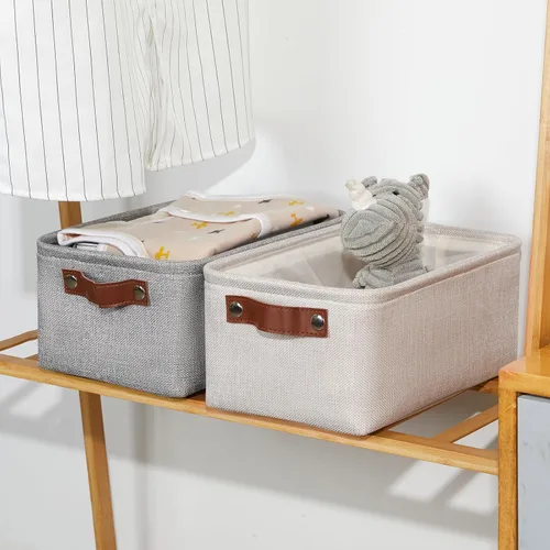 Vista 6 de DULLEMELO Cesta de almacenamiento pequeña para estantes, pequeña cesta plegable de tela rectangular para estantes, armarios, guardería, hogar, Beige