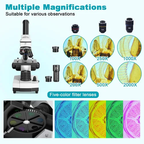 Vista 2 de Microscopio para adultos, niños, estudiantes, 100-2000x, potentes microscopios educativos biológicos con accesorios de operación (10 p), juego