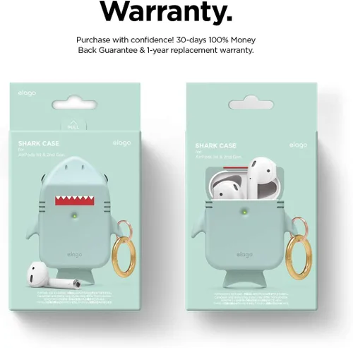Vista 9 de elago Funda de tiburón compatible con Apple AirPods, bonita funda de diseño 3D con llavero para Apple AirPods 2, 1 (menta bebé)