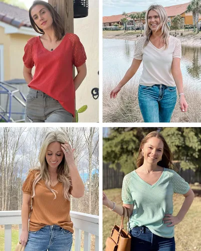Vista 5 de MEROKEETY - Blusa de manga corta con cuello en V y encaje, de verano, para mujer