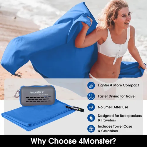Vista 2 de 4Monster Toallas de camping súper absorbentes, toalla de viaje de microfibra de secado rápido, toalla ultra suave y compacta para gimnasio, nadar