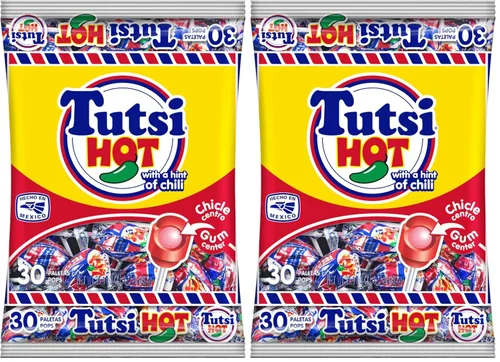 Vista 4 de Tutsi Pop Hot Paletas mexicanas con sabor a cereza y chile en polvo con un centro de goma Tutti Frutti, 21.2 onzas, 30