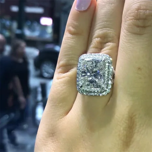 Vista 4 de AZQ Anillo de plata de ley 925 brillante con diamantes completos de princesa, cuadrados de circonita cúbica, anillo de múltiples filas, anillo