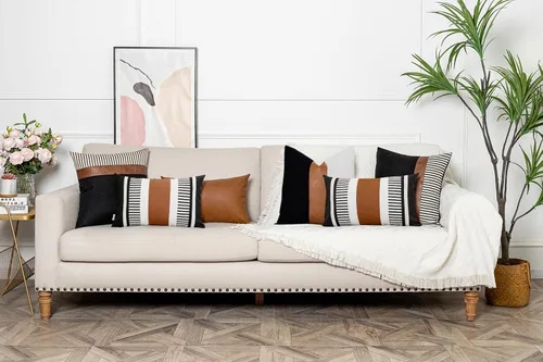 Vista 7 de Fundas de almohada lumbar a rayas bohemias de 12 x 20 pulgadas, funda de almohada de cuero moderna para sofá, decoración del hogar rural, color Negro
