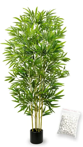Árbol artificial de bambú de 5 pies con maceta negra, plantas de bambú para exteriores e interiores, hojas falsas de aspecto natural, tallos