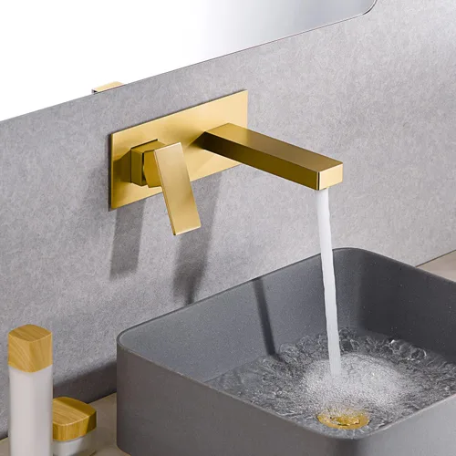 Vista 4 de sumerain Grifo para fregadero de baño de montaje en pared, oro cepillado y válvula áspera incluida, mango único para zurdos