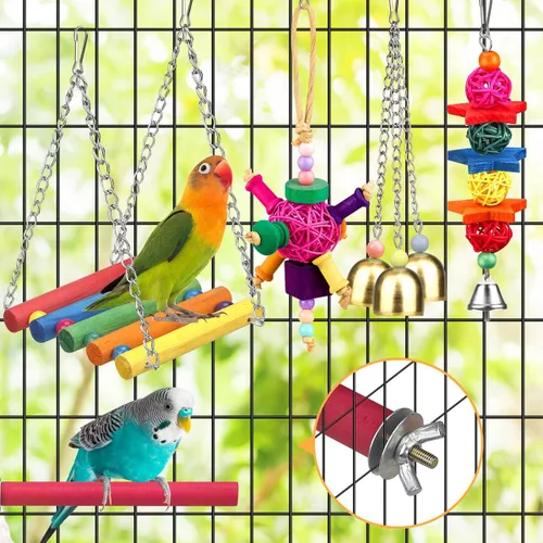 Vista 5 de Juguetes para pájaros para cotorras con escalera colorida, hamaca, accesorios para jaula de pájaros, percha para pájaros, juguetes para masticar