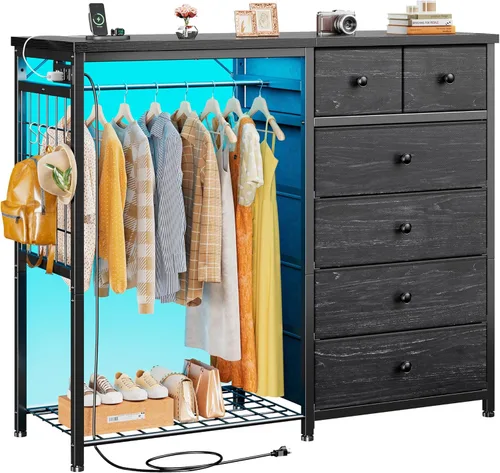Vista 9 de EnHomee Cómoda de 49.2" de ancho para dormitorio con perchero colgante, 6 cajones, cómoda con luces LED y estación de carga, aparadores de tela
