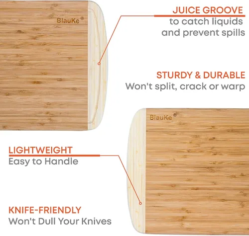 Vista 6 de Tabla de cortar de madera para cocina, tabla de cortar de bambú de 14 x 11 pulgadas con ranura para jugo, tabla de cortar de madera, bandeja