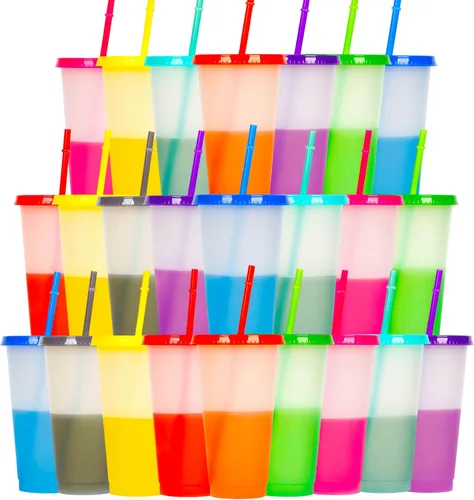 Vista 11 de Vasos que cambian de color, paquete de 5 vasos de plástico de 24 onzas, tazas reutilizables para café helado y batido con tapas y pajitas