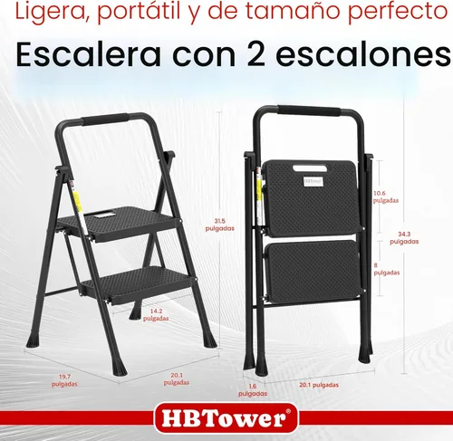 Vista 6 de HBTower Escalera de escalones. Taburete plegable con escalón ancho antideslizante, escalera de acero resistente, con un práctico pasamanos, ligera