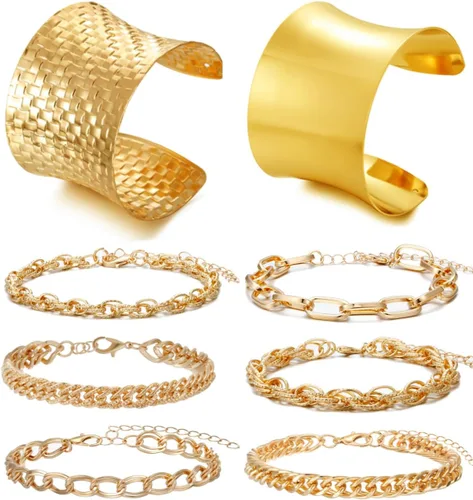 BROCC 8 pulseras de oro para mujer, pulseras anchas abiertas de oro, pulseras envolventes de oro, brazalete ancho chapado en oro de 14 quilates para