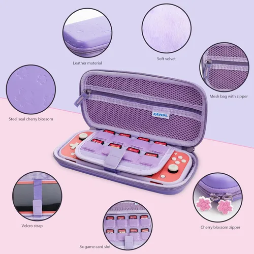 Vista 2 de FUNDIARY Purple Sakura Carrying Case for Nintendo Switch Lite, Cute Portable Travel Bag for Switch Console Joncon & Accessories, Gift for Girls with