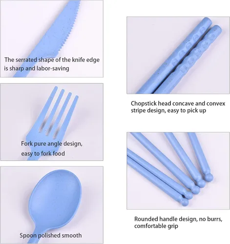 Vista 3 de Juego de utensilios de campamento, juego de utensilios reutilizables con estuche, juego de cubiertos de plástico, tenedores, cuchara, palillos