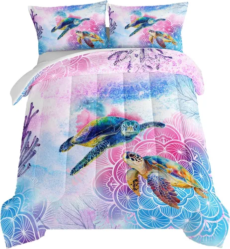 Vista 26 de HOSIMA Ropa de cama de caballo para niñas, juego de edredón con estampado de flores de cerezo rosa tamaño completo para adolescentes con 2 fundas