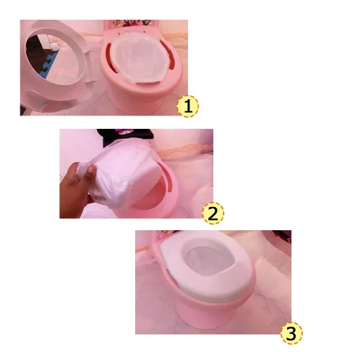 Vista 5 de Paquete de 100 forros para sillas de orinal con cordón, bolsas de limpieza para asiento de inodoro, bolsa de limpieza para niños pequeños, asiento