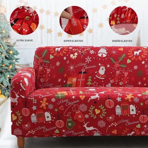Vista 3 de Mybedsoul Funda de sofá elástica con estampado navideño de Papá Noel, lavable a máquina, temática navideña, color rojo, para sala de estar