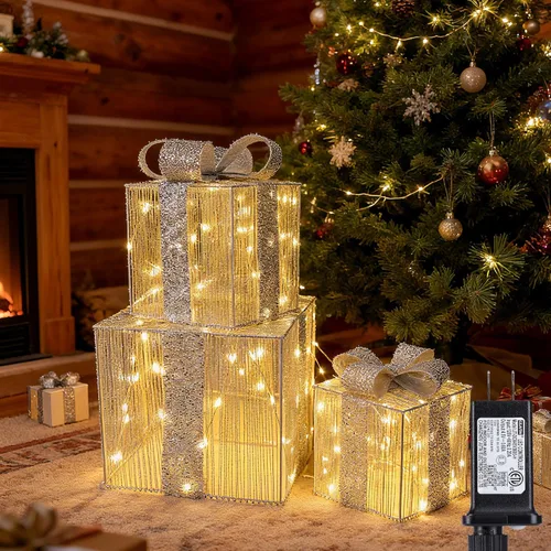 Juego de 3 cajas de regalo iluminadas de Navidad, cajas de Navidad preiluminadas para exteriores con diferentes tamaños para decoración de