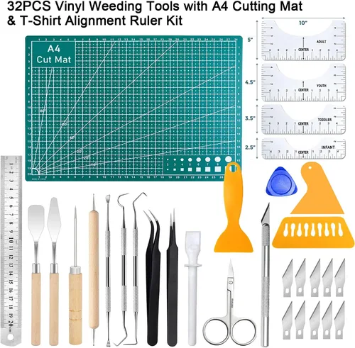 Vista 7 de Paquete de 32 herramientas de deshierbe de vinilo con kit de regla de alineación de camisetas, herramientas de deshierbe para vinilo, kit