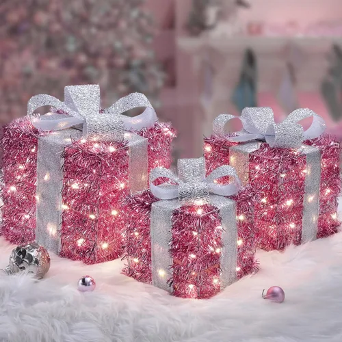 Vista 12 de Decoraciones de Navidad Azules, Cajas de Regalo Iluminadas de Navidad 140 LEDs Regalos Luminosos Decoración Navideña, 8 Modos y Función