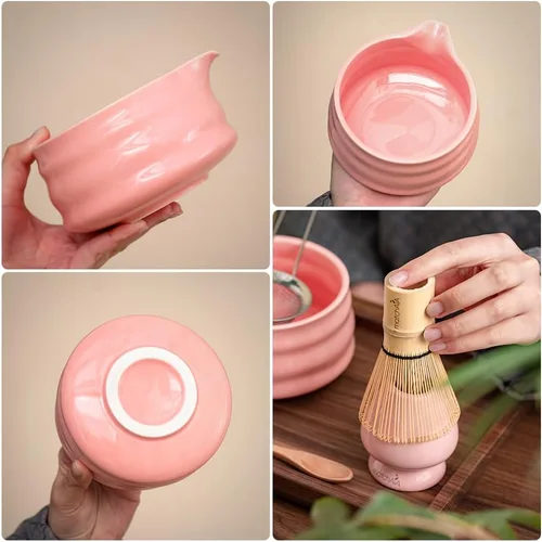 Vista 3 de Juego de batidor de matcha, cuenco de cerámica, batidor de bambú con soporte, tamiz, cuchara Schima, soporte para cuchara y toalla de té, kit