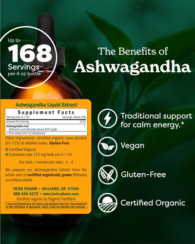 Vista 2 de Extracto orgánico certificado de Ashwagandha para la energía y la vitalidad de Herb Pharm, DASHWA04, 1, 1