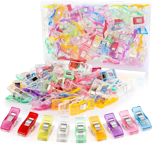Clips de costura, 100 piezas con caja de plástico, colores surtidos. Clips para acolchado y edredón para tela, clips para coser y acolchar, clips