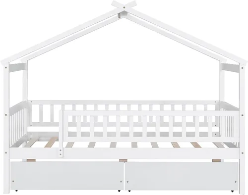 Vista 4 de Cama de madera de tamaño individual con dos cajones y techo, cama de plataforma con 2 cabeceros, para dormitorio de niños, adolescentes, niñas