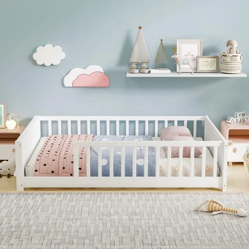 Bellemave Cama Montessori de tamaño matrimonial con tablillas Blanco
