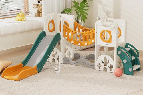 Conjunto de juegos de parque infantil para niños pequeños con arco de escalada, juego de golf, tobogán y aro de baloncesto - Juguetes para