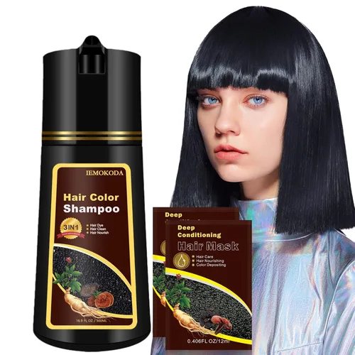 Champú de tinte negro para cobertura de canas, champú de color de cabello a base de hierbas 3 en 1, tinte negro semipermanente para mujeres y