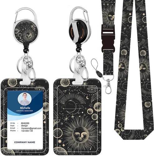 Vista 27 de Soporte para tarjetas de identificación con cordón, carrete retráctil con clip giratorio para cinturón, llavero y cordones desmontables, carretes