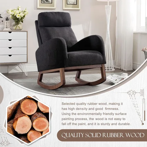 Vista 7 de Mecedora tapizada para guardería, mecedora Accent Glider con bolsillo lateral, cómoda silla con respaldo alto y reposacabezas, planeador