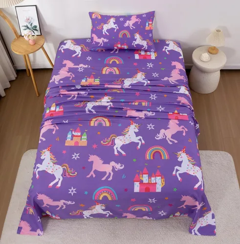 Vista 11 de Juego de sábanas tamaño matrimonial de 4 piezas con diseño de arcoíris para niñas y adolescentes, juego de sábanas de microfibra suave