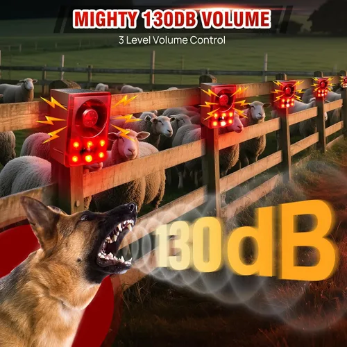 Vista 2 de Alarma solar con sensor de movimiento para exteriores, sonido de ladridos y disparos de perro, generador de ruido fuerte de 130 db, compatible