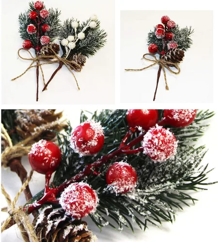 Vista 4 de Paquete de 20 ramas de piñas artificiales de Navidad, ramas de pino de 5.9 pulgadas, tallos de bayas de acebo blanco, ramas de pino, tallos de bayas