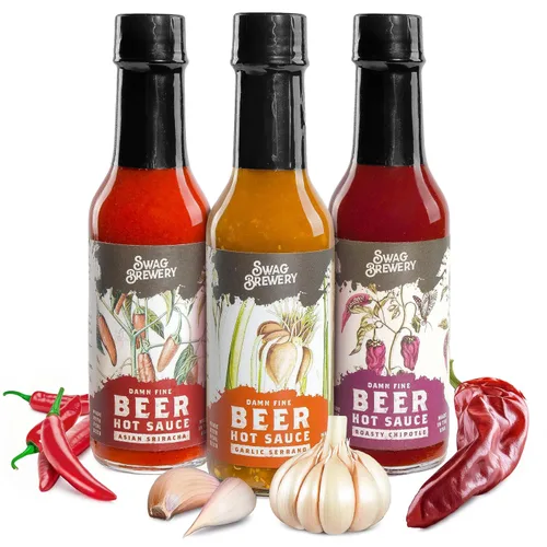 Variedad de salsa picante con infusión de cerveza (incluye sriracha asiática, ajo serrano y chipotle asado) – Regalo de cerveza artesanal, juego de