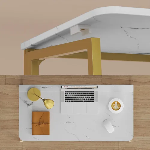 Vista 8 de WOHOMO Escritorio plegable de mármol sintético blanco, escritorio pequeño de 31.5 pulgadas para espacios pequeños con patas doradas, escritorio