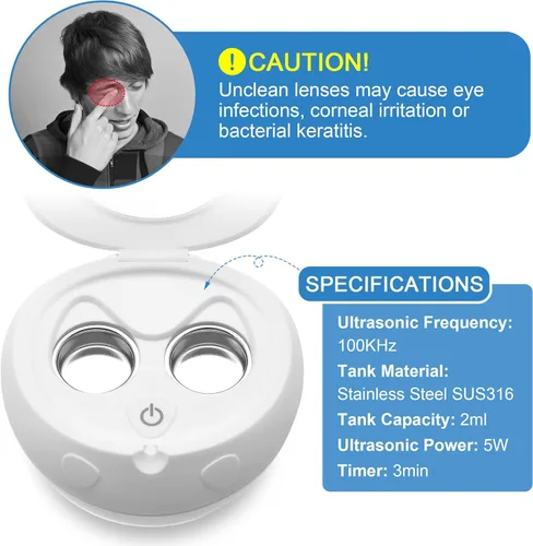 Vista 3 de Limpiador ultrasónico de lentes de contacto recargable con espejo de tocador compacto para lentes de contacto, soporte de limpieza rápida, se adapta