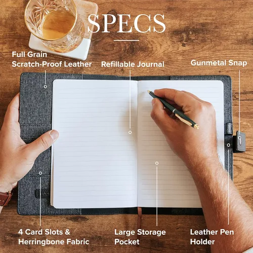 Vista 2 de CASE ELEGANCE Funda de Diario de Cuero Premium de Grano Completo Negro Recargable con Cuaderno Rayado A5 - Cuero DURA-Leather Resistente a Rayones