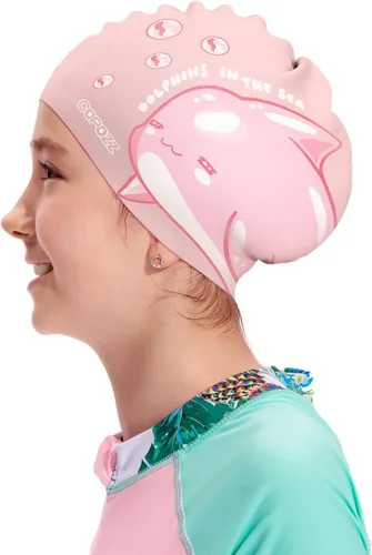Vista 10 de COPOZZ Gorros de natación para niños, de silicona, impermeable, cómodo, gorro de natación para cabello largo y corto